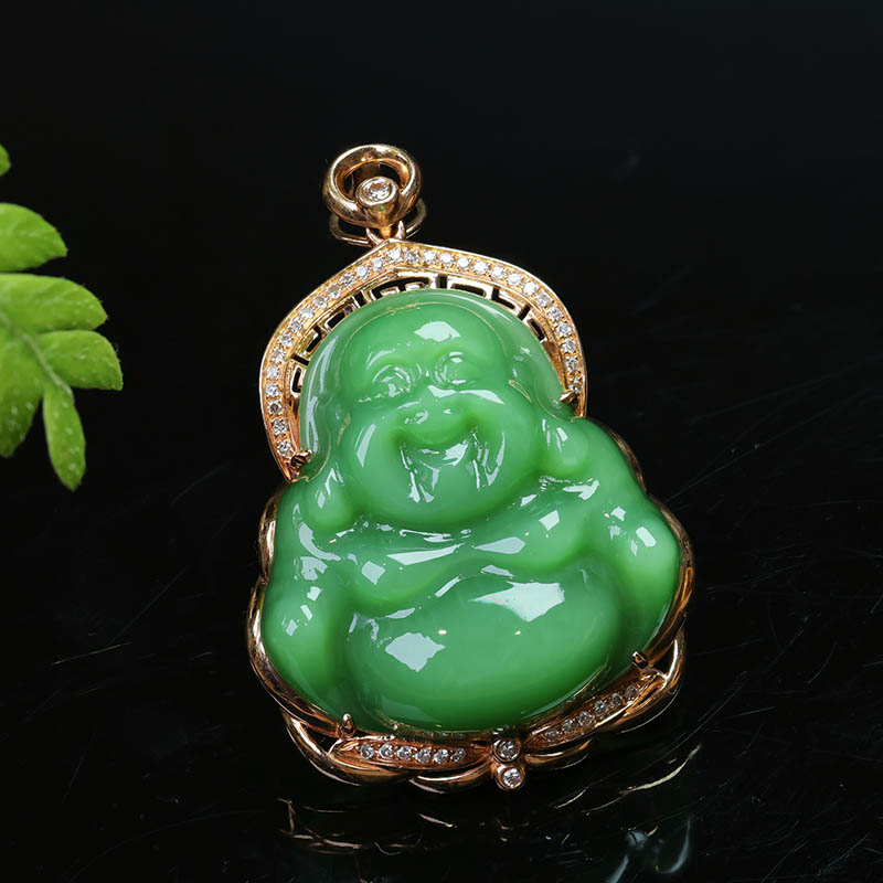 双十二老料和田玉弥勒佛吊坠女a货粉绿碧玉笑佛镶18k金挂件送领导