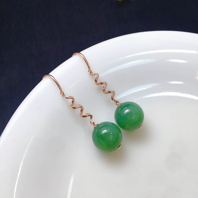 春夏季礼物天然和田玉耳坠女a货菠菜绿碧玉圆珠镶18k金耳环送妈妈