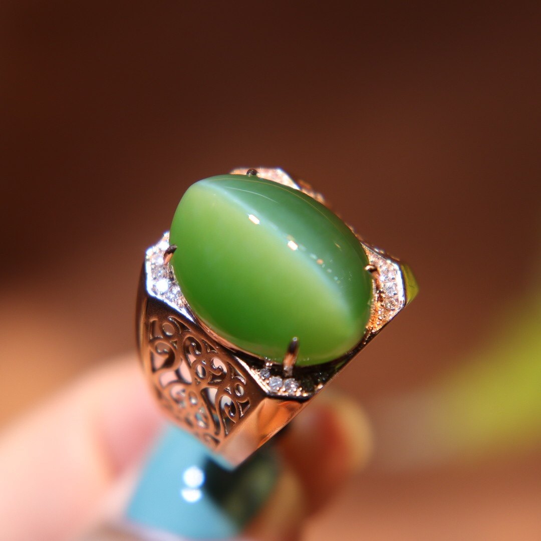圣诞节新品和田玉戒指男 猫眼碧玉蛋面镶嵌18k金指环翡翠送爸爸礼
