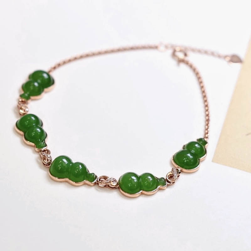38焕新季天然和田玉手链女a正宗菠菜绿碧玉葫芦镶18k金手串送妈妈