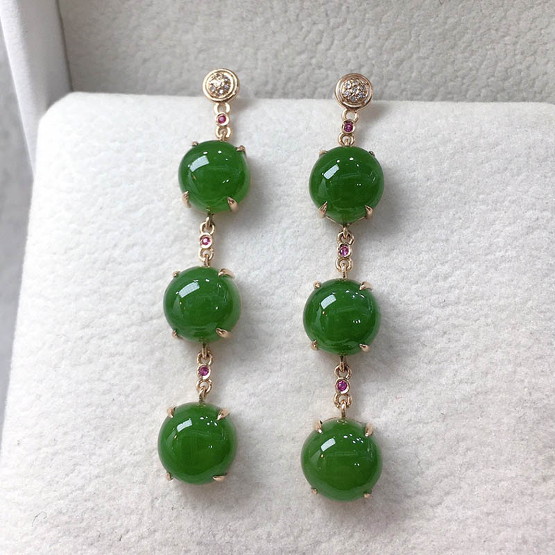 双十一天然和田玉耳环女a菠菜绿碧玉半圆珠镶嵌18k金耳坠连中三元