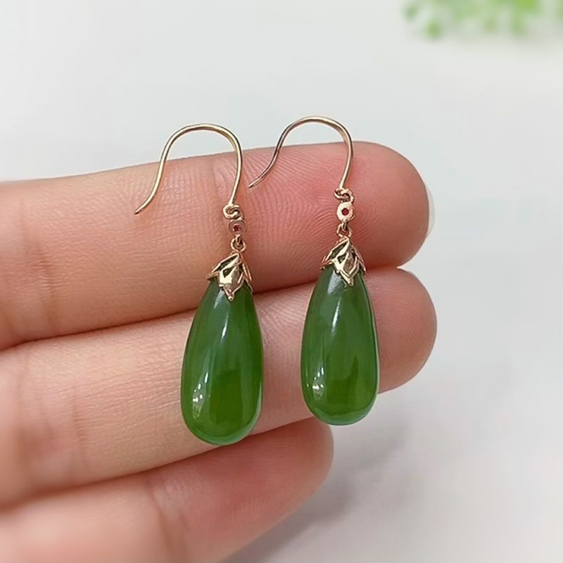 春夏季礼天然和田玉耳坠女聚财菠菜绿碧玉水滴镶18k金耳环送女友