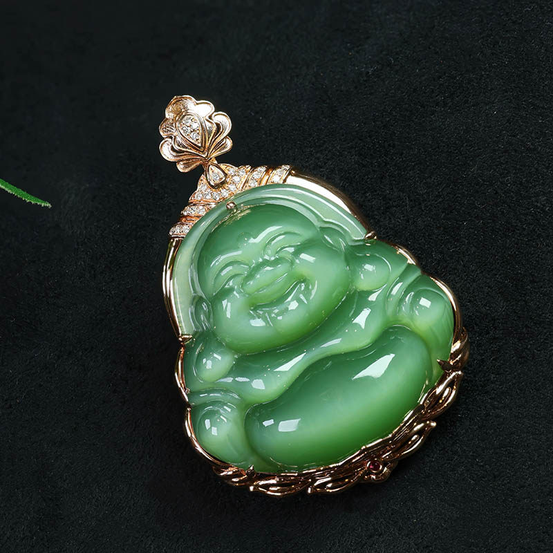 中秋礼品天然和田玉弥勒佛吊坠女猫眼碧玉笑佛镶18k金挂件送妈妈