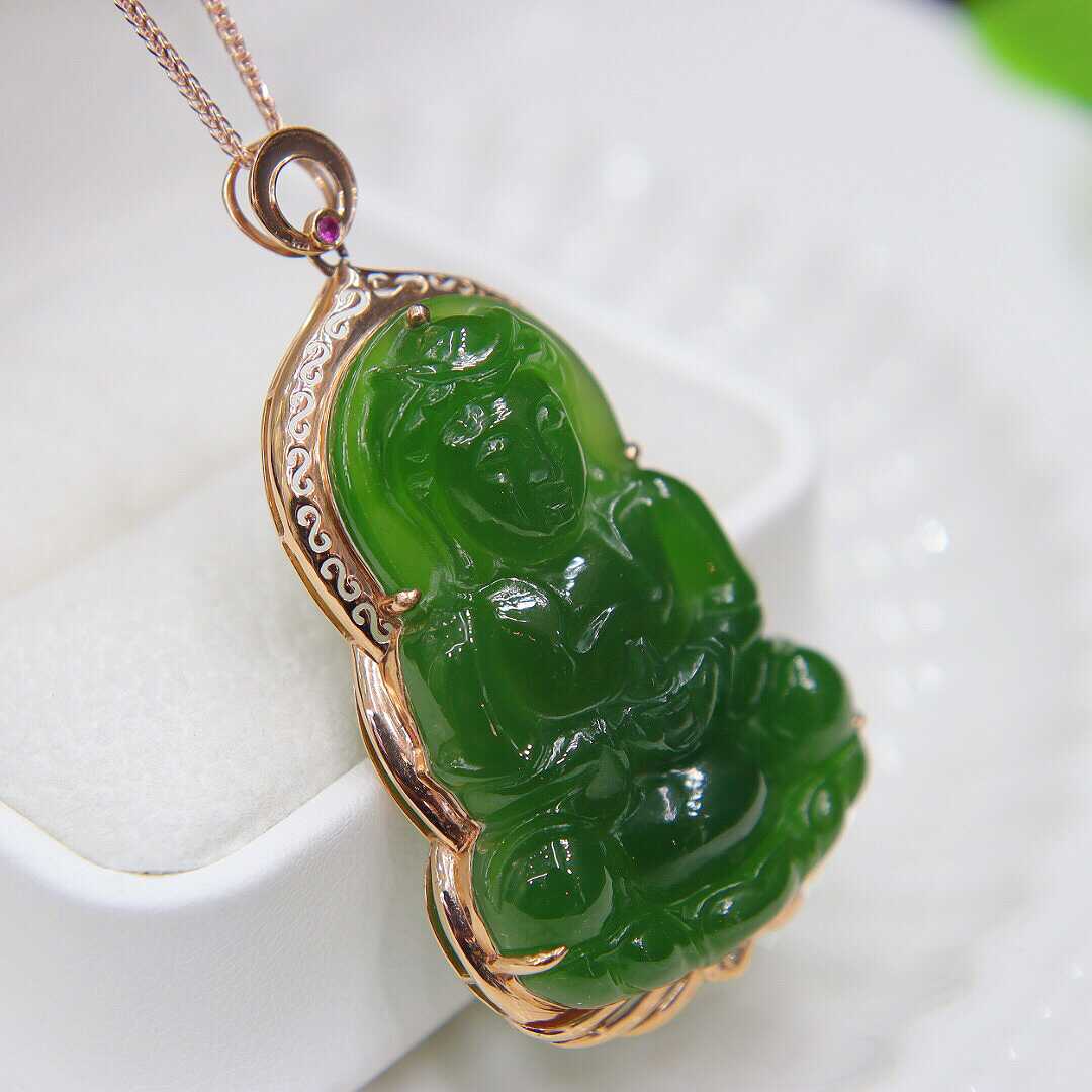 暑期季和田玉观音项链金镶玉碧玉镶18k金吊坠挂件菠菜绿菩萨a玉坠