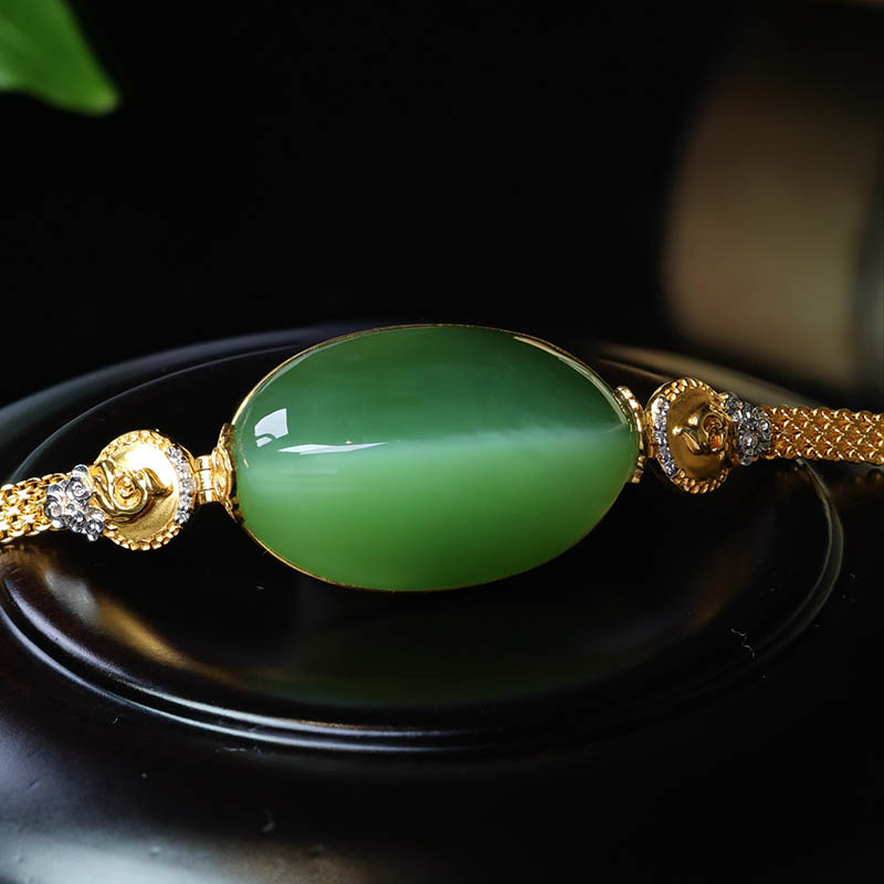 双十一天然和田玉手链女a绿猫眼碧玉蛋面镶18k金手串蛇骨链送老婆