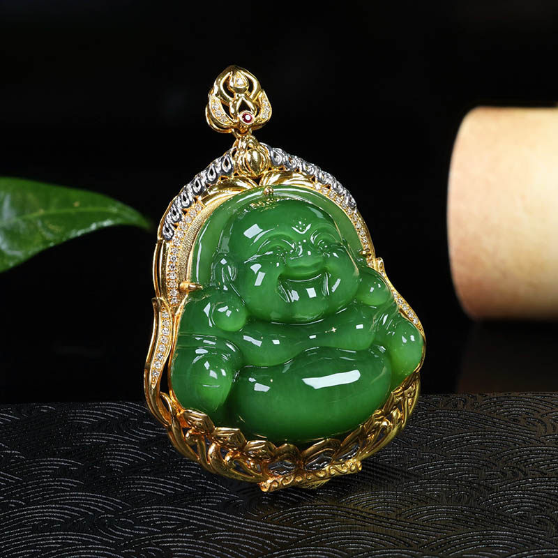 双十二圣诞豪华和田玉弥勒佛吊坠女a猫眼碧玉佛公镶18k金挂件送妈