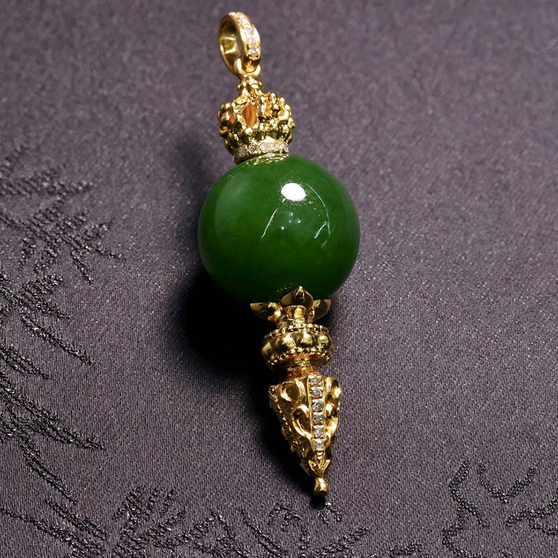 年货节天然和田玉吊坠a货菠菜绿碧玉圆珠镶18k金挂件金刚杵送妈妈