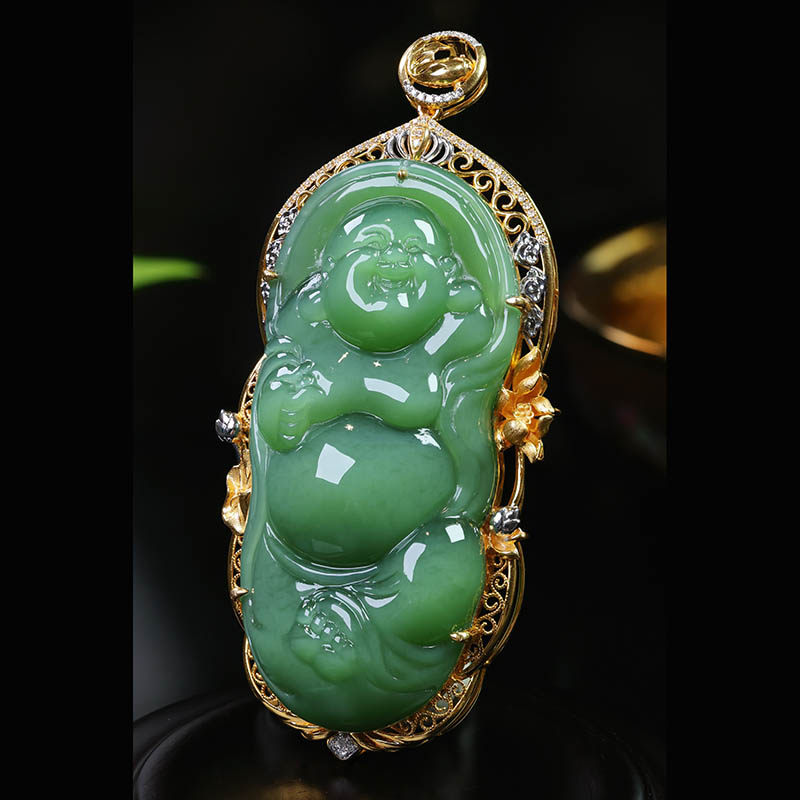 焕新季天然和田玉弥勒佛吊坠女a猫眼碧玉逍遥佛镶18k金挂件送妈妈