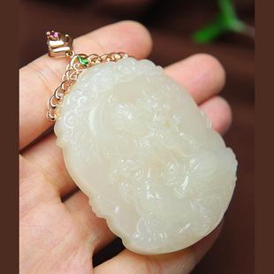 年货节礼物天然和田玉吊坠女藕粉白玉度母镶嵌18k金挂件a货送妈妈