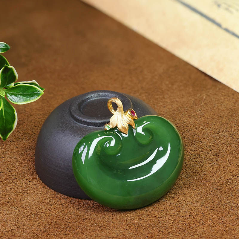 元旦礼物天然和田玉吊坠女菠菜绿碧玉如意镶嵌18k金挂件a货送老婆