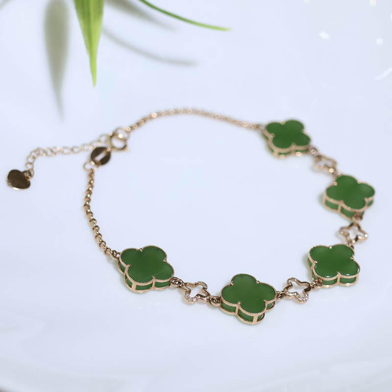 双十一新疆和田玉手链女a老坑菠菜绿碧玉四叶草镶18k金手串送女友