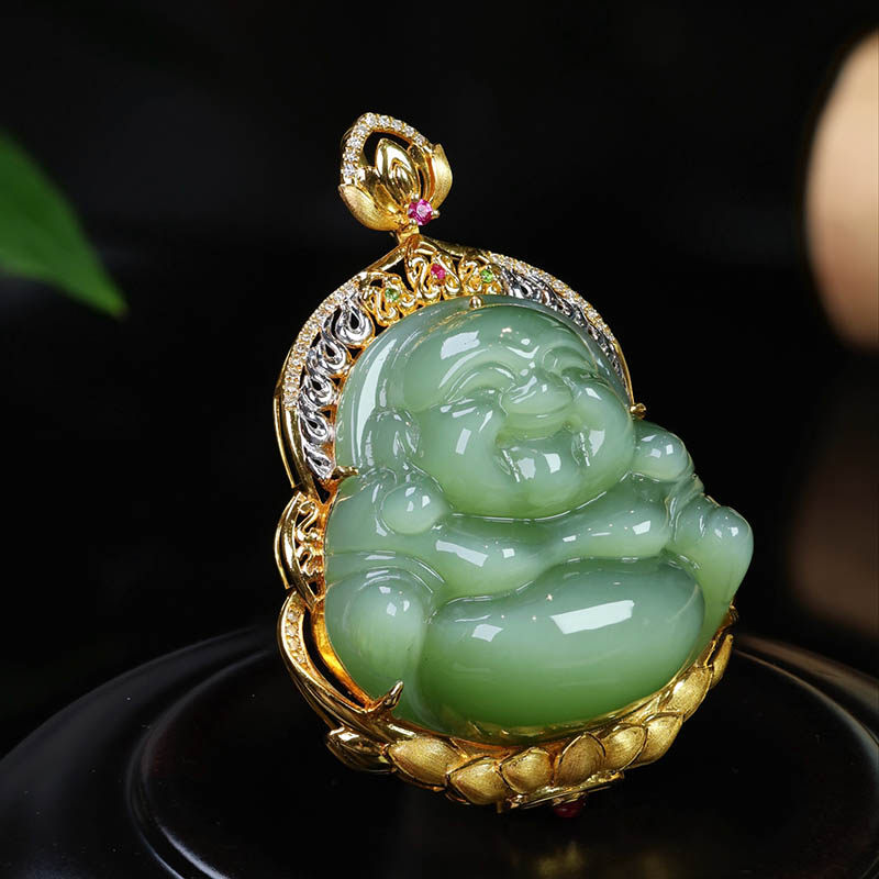双十一天然新疆和田玉弥勒佛吊坠女a猫眼碧玉笑佛镶18k金挂件送妈