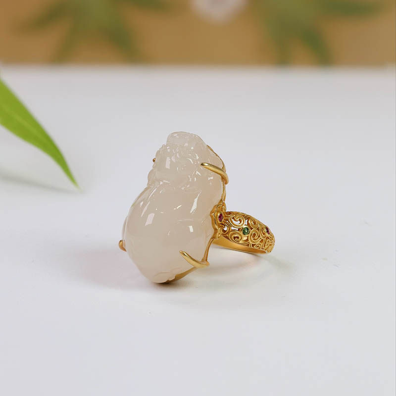 双十一天然和田玉戒指女正宗招财藕粉白玉貔貅镶18k金指环a货送妈