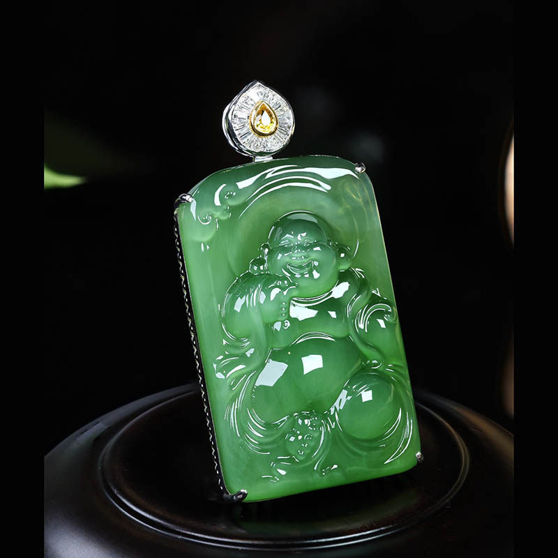 双十一天然和田玉吊坠女a冰猫眼碧玉弥勒佛镶18k白金挂件送妈妈