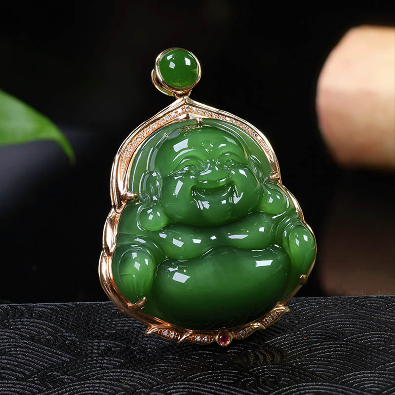 年货节礼物天然和田玉笑佛吊坠a猫眼碧玉弥勒佛镶18k金挂件送妈妈