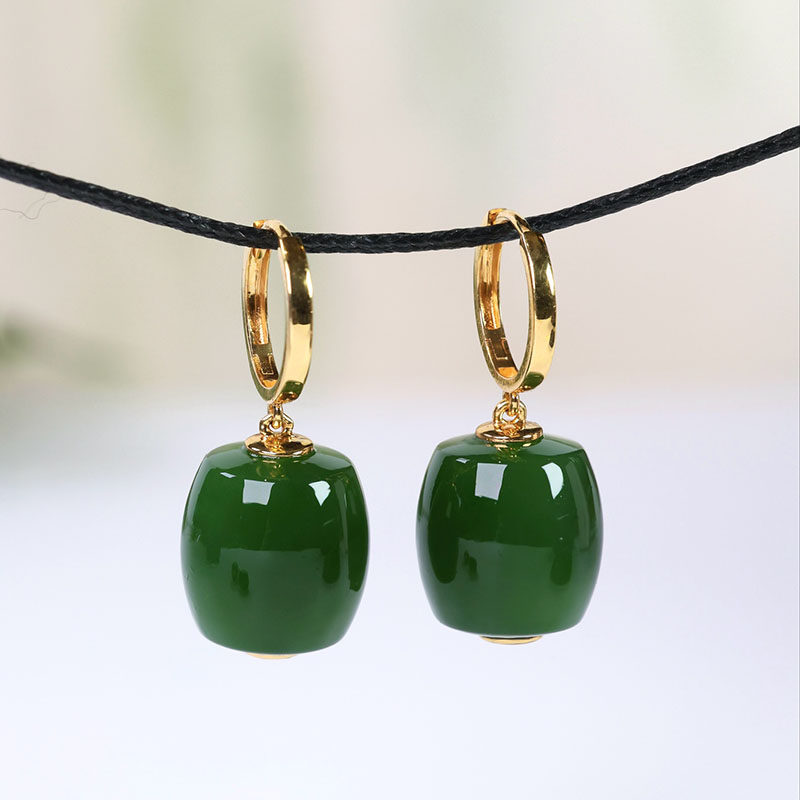 春夏季礼物天然和田玉耳环女菠菜绿碧玉桶珠镶18k金耳坠扣送妈妈