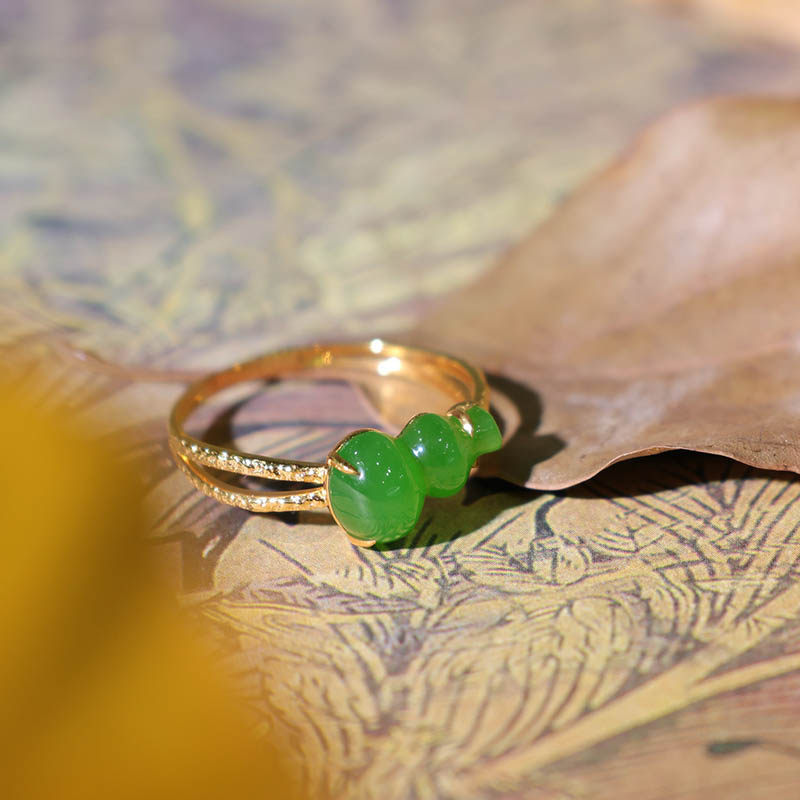 38焕新季天然和田玉戒指女菠菜绿碧玉葫芦镶嵌18k金指环a货送闺蜜