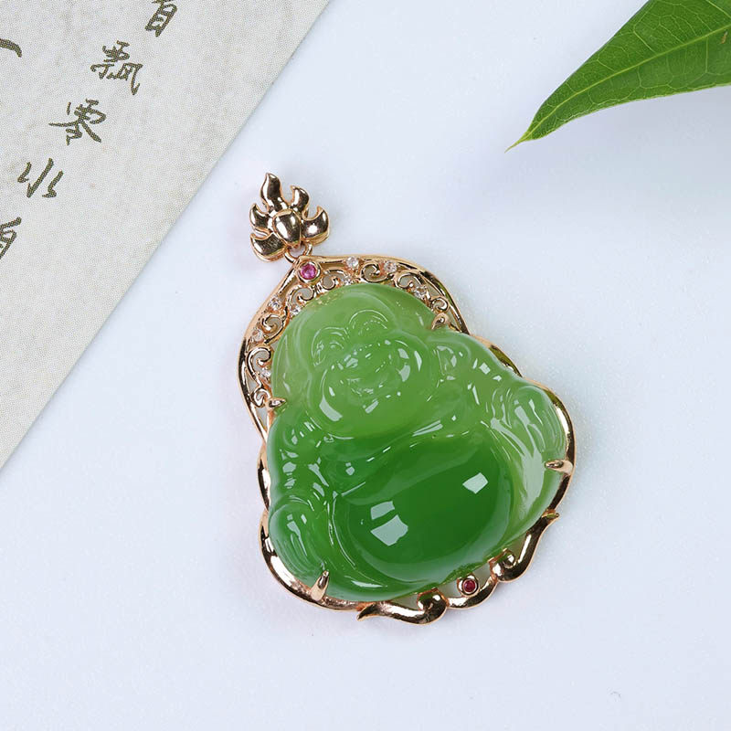 春季礼物天然和田玉吊坠女菠菜绿碧玉弥勒佛镶嵌18k金挂件送妈妈