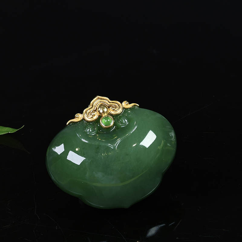 年货节礼物天然和田玉吊坠女a菠菜绿碧玉如意镶嵌18k金挂件送妈妈