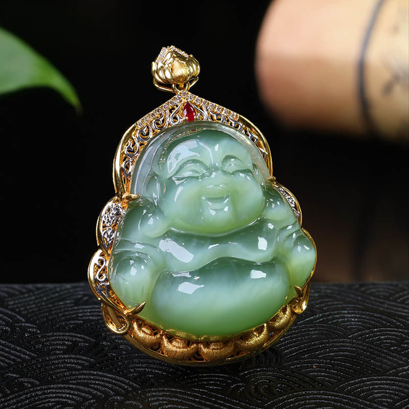 38焕新季天然和田玉弥勒佛吊坠女a冰猫眼碧玉笑佛镶18k金挂件封底