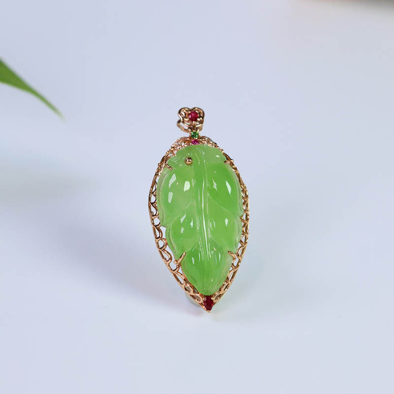 双十二圣诞情人节礼w天然和田玉吊坠女苹果绿碧玉叶子镶18k金项链