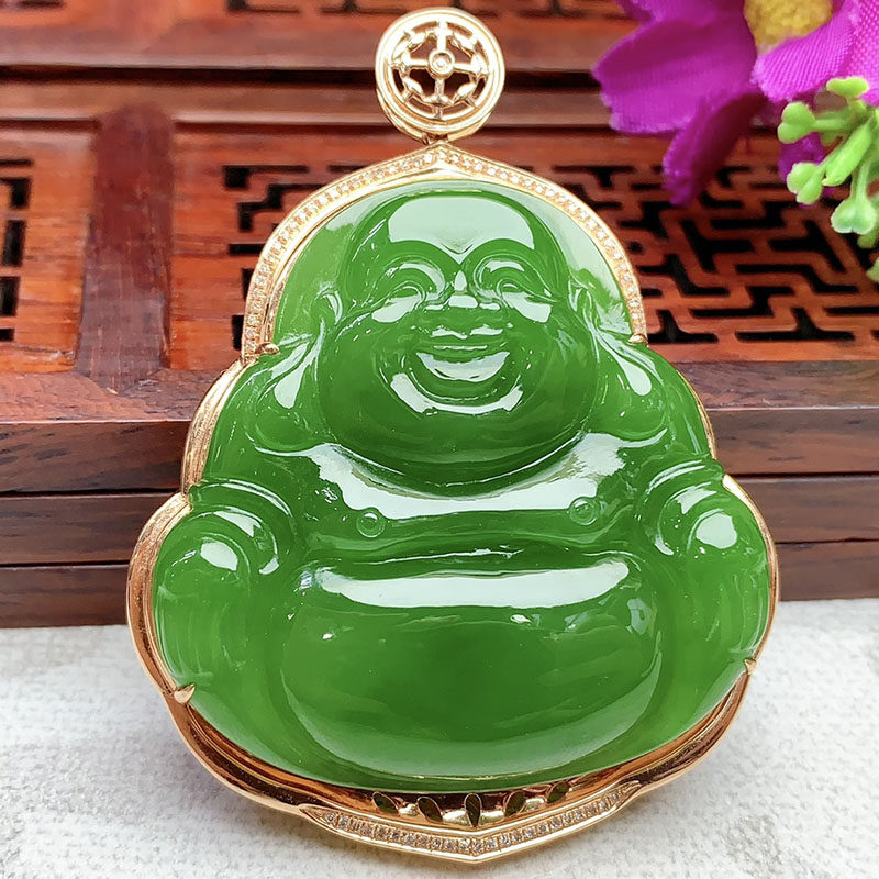 五一礼物天然和田玉吊坠女a货苹果绿碧玉大笑佛镶18k金挂件送领导