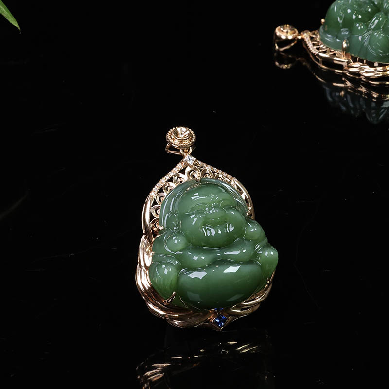 双十一新疆和田玉弥勒佛吊坠女a猫眼碧玉佛公镶嵌18k金挂件送妈妈