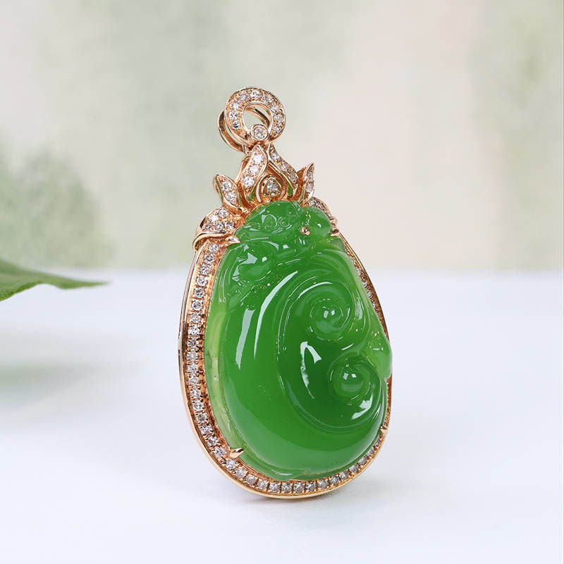 春夏季礼物天然和田玉吊坠菠菜绿碧玉如意镶18k金挂件满钻送领导