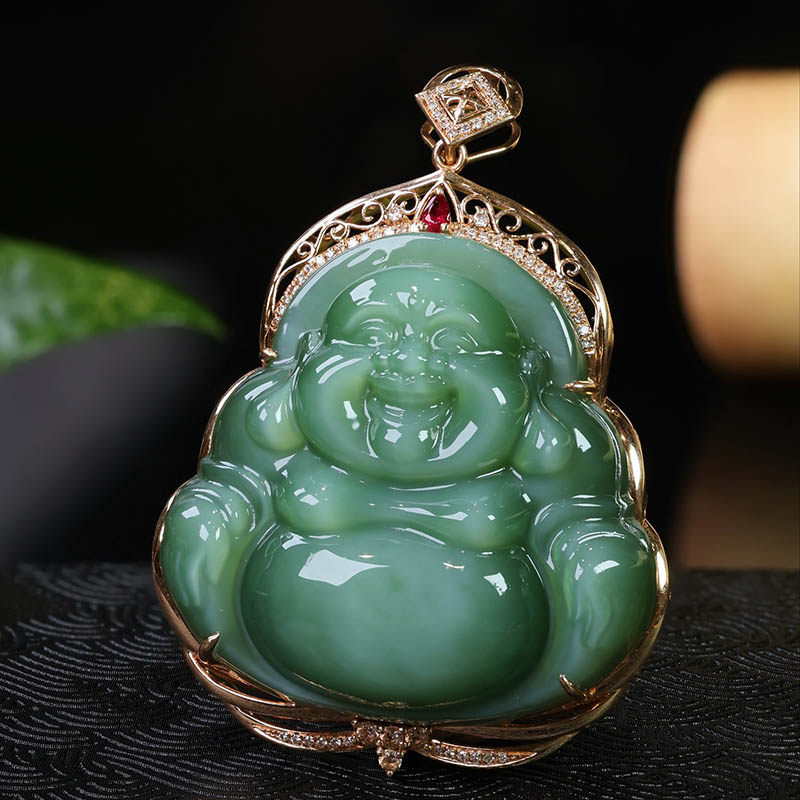 38焕新季天然和田玉弥勒佛挂件a猫眼碧玉大佛公镶18k金吊坠送领导