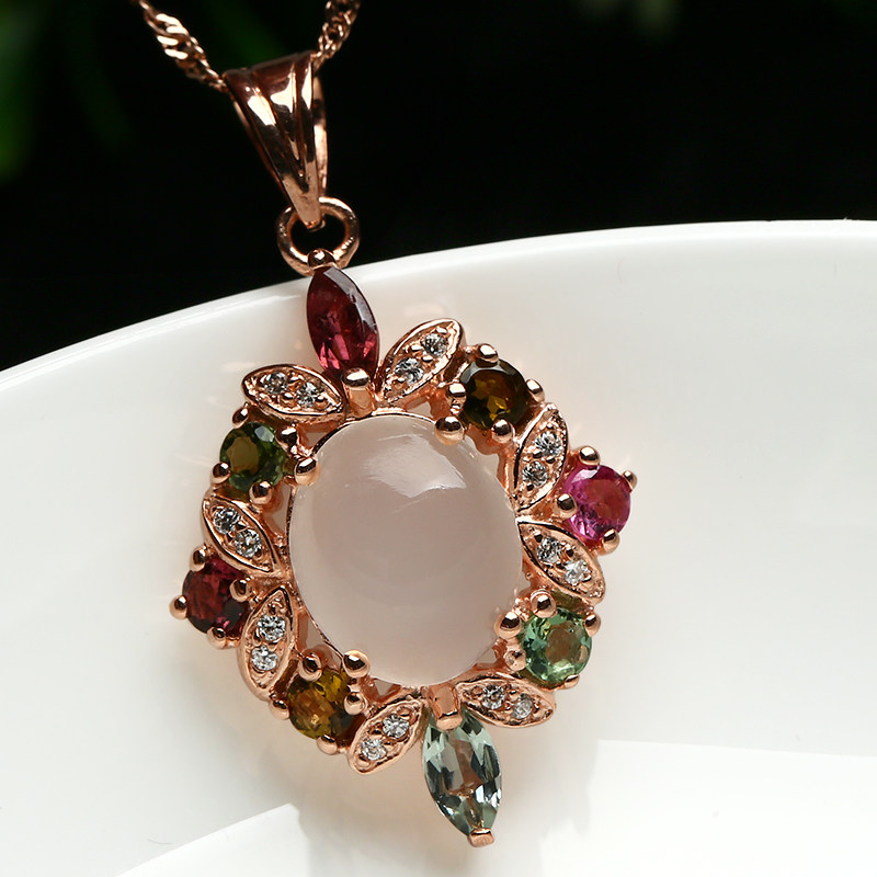 时尚女款天然月光石吊坠 新款欧美流行饰品925银镶嵌碧玺项链玉坠