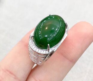 父亲节新品 天然新疆和田碧玉镶嵌银玉石925银镀白金镶玉男士戒指