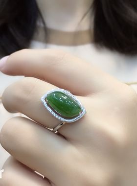 新疆天然和田玉戒指925银镶玉石指环女款活口碧玉戒指菠菜绿马眼