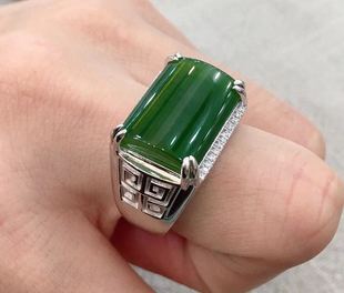 开口戒复古扳指镶嵌 S925银霸气绿宝石翡翠 天然和田玉戒指男 正品