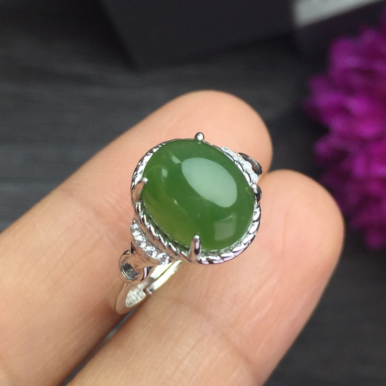碧玉戒指和田玉s925银戒指碧绿宝石女款食指开口戒指古典大气指环