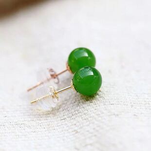 正品18K金镶嵌和田碧玉圆珠耳钉 女款耳饰首饰品附证书包邮AJ0078