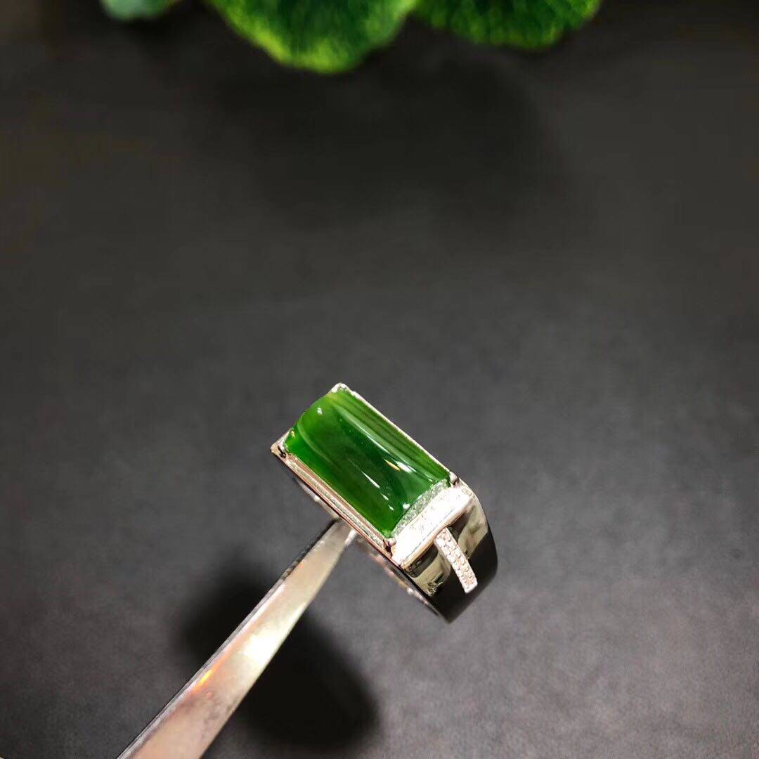 天然和田玉碧玉戒指男戒男指环 925银镶天然菠菜绿玉石玉扳指证书