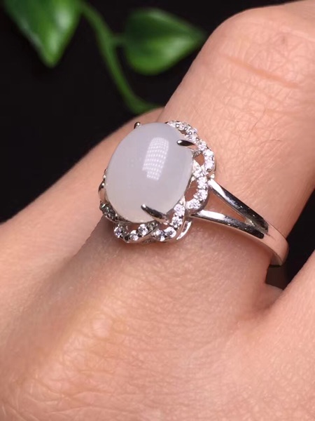 秋季新款指环银镶蛋面天然和田玉