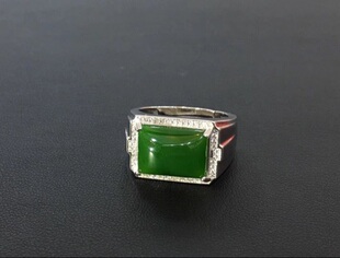 天然玉石和田碧玉戒指 银镶玉戒指S925银镶嵌碧玉男士戒指带证书