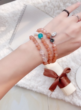 Z M Original 原创设计天然太阳石手链日光石橙月光多圈手串925银