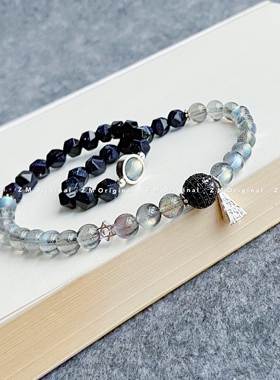 Z M Original原创设计天然灰月光拉长石蓝砂石双全圈款手链女手串