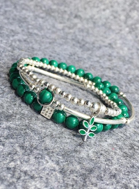 Z M Original 原创设计孔雀石手链多圈天然水晶手串925银绿手链女
