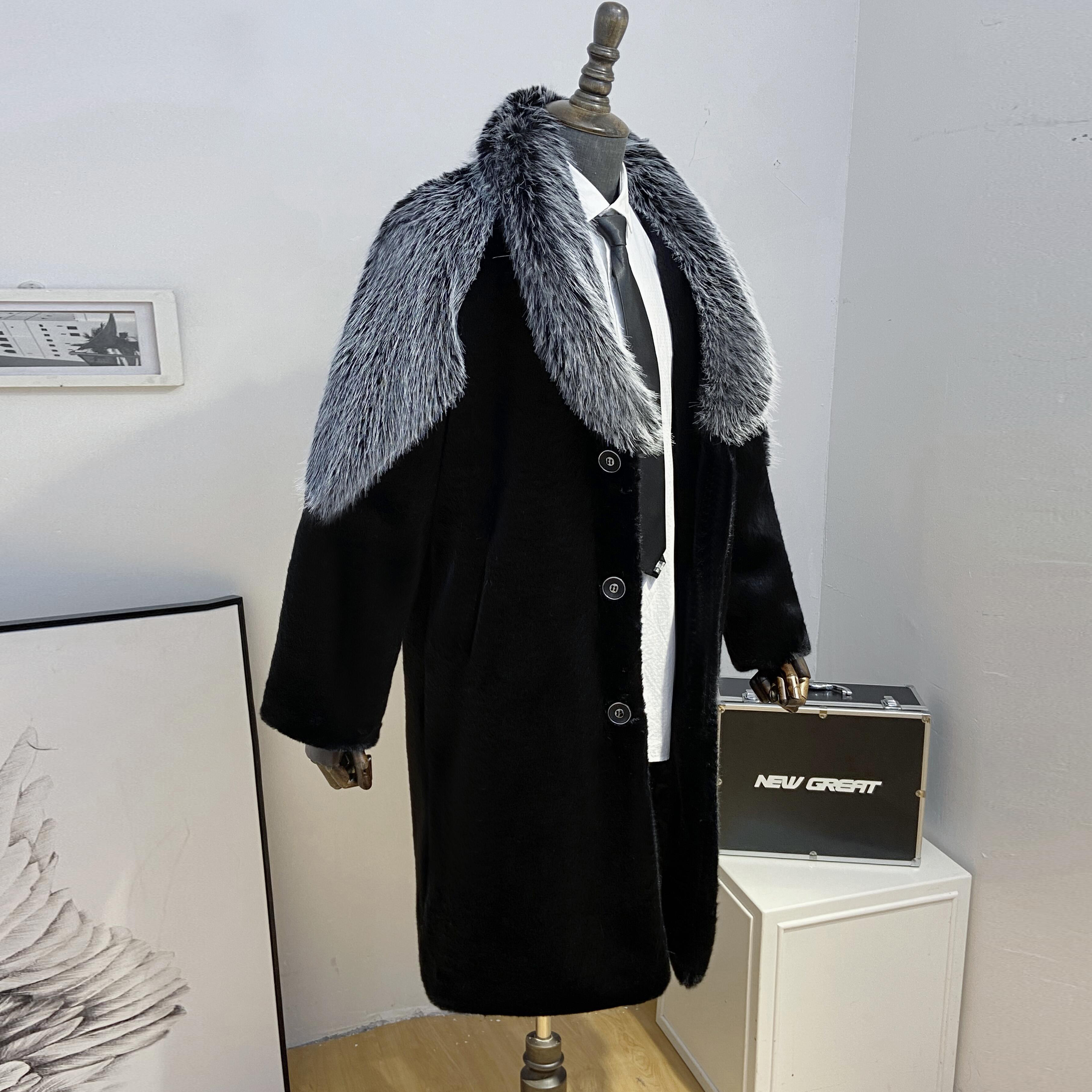 전체 밍크 남성 밍크 벨벳 모조 모피 롱 코트 두꺼운 따뜻한 캐주얼 여우 모피 칼라 대형 코트 유행