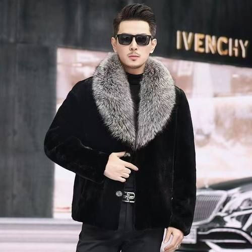 秋冬新款男士水貂毛银狐毛领仿皮草外套气质休闲短款上衣加厚大衣