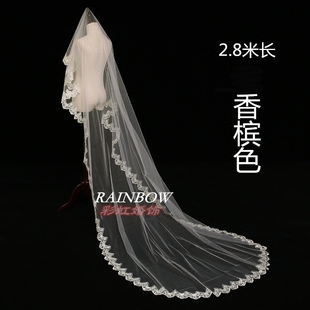 头纱香槟色乳白色蕾丝花边头纱婚纱新款韩式长拖尾新娘结婚头纱