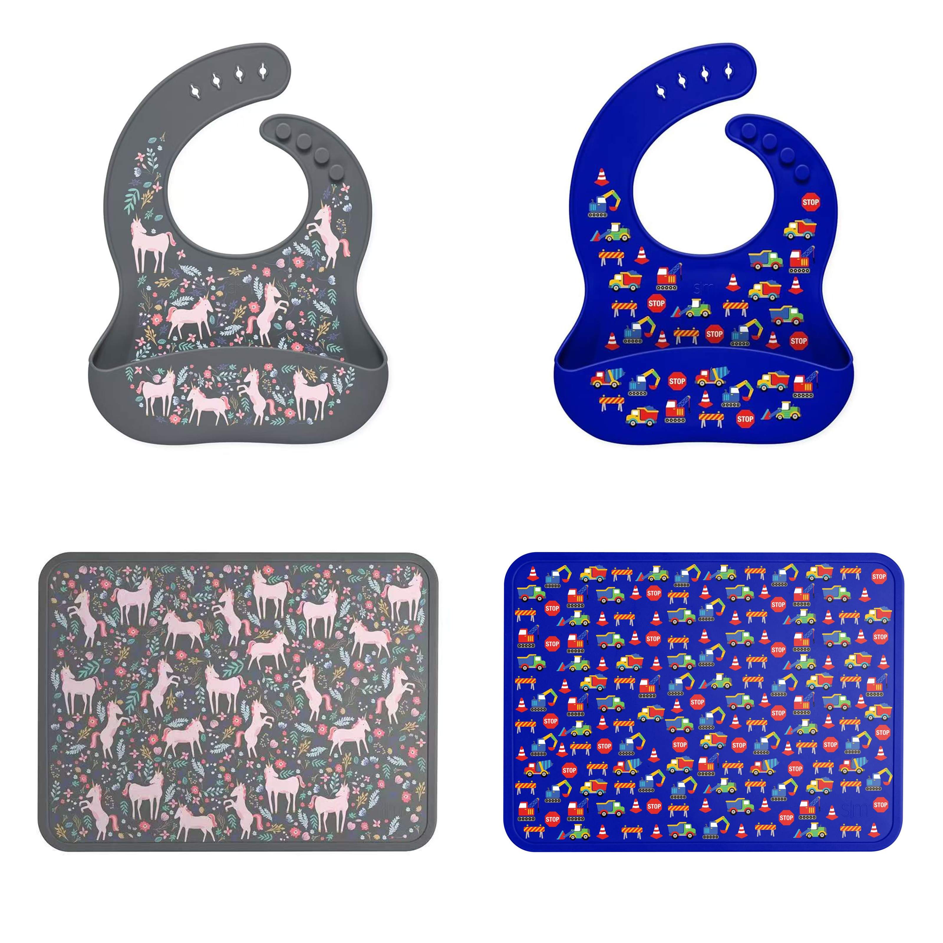 出口美国 SIMPLE MODERN原包装独角马小汽车硅胶儿童吃饭围兜餐垫