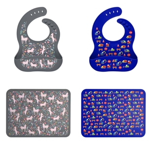 出口美国 SIMPLE MODERN原包装独角马小汽车硅胶儿童吃饭围兜餐垫