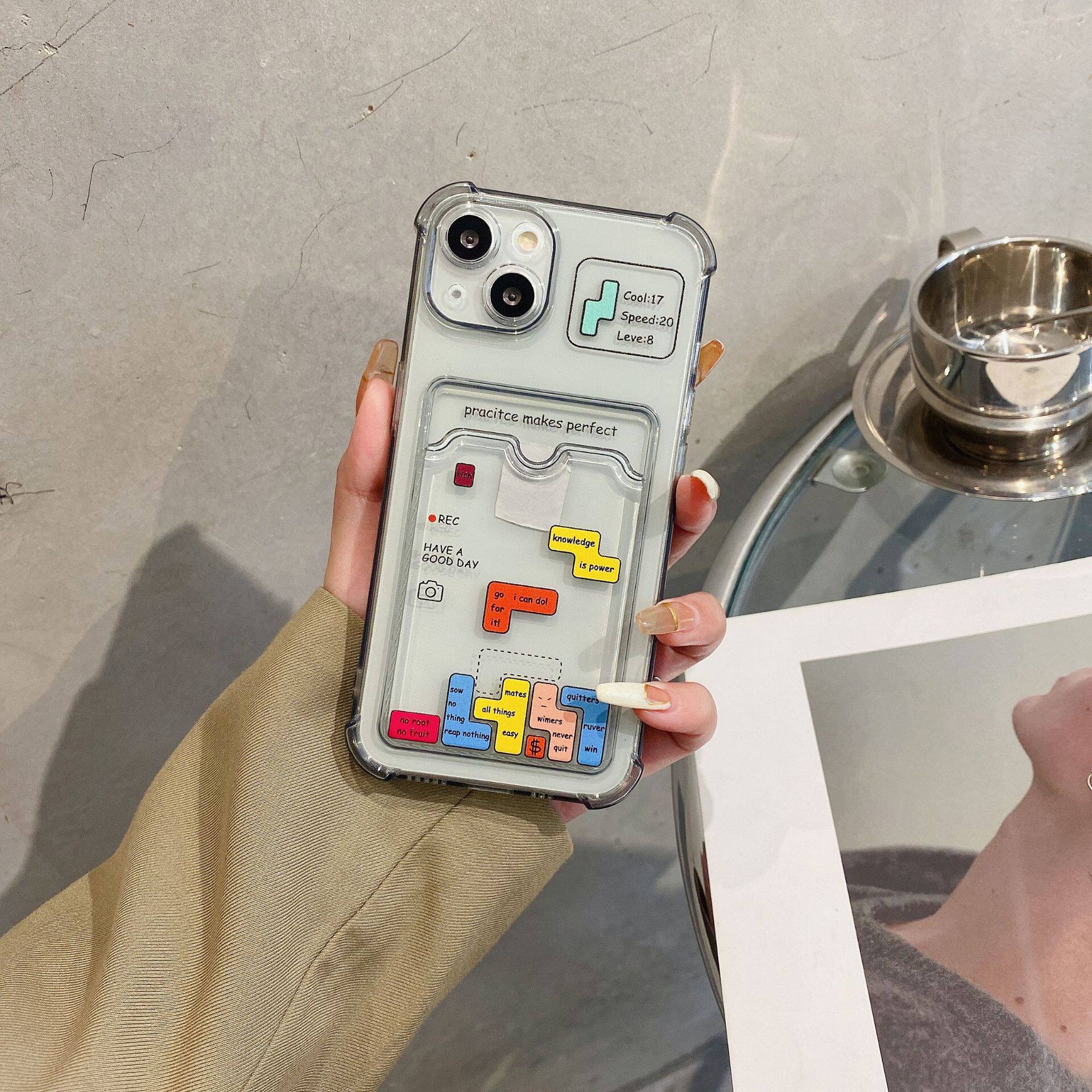 欧美俄罗斯方块可插卡适用iPhone14promax苹果13/15手机壳12防摔11四角软壳