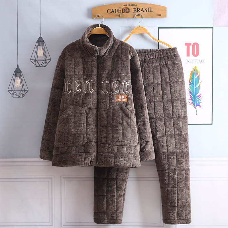 秋冬季珊瑚绒睡衣男款三层夹棉加绒加厚法兰绒立领拉链家居服套装