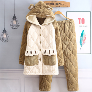 秋冬季珊瑚绒睡衣女款三层夹棉袄加厚加绒保暖个性连帽家居服套