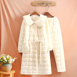 冬季中长女款睡衣加长款三层加厚保暖夹棉袄时尚法兰绒家居服套装